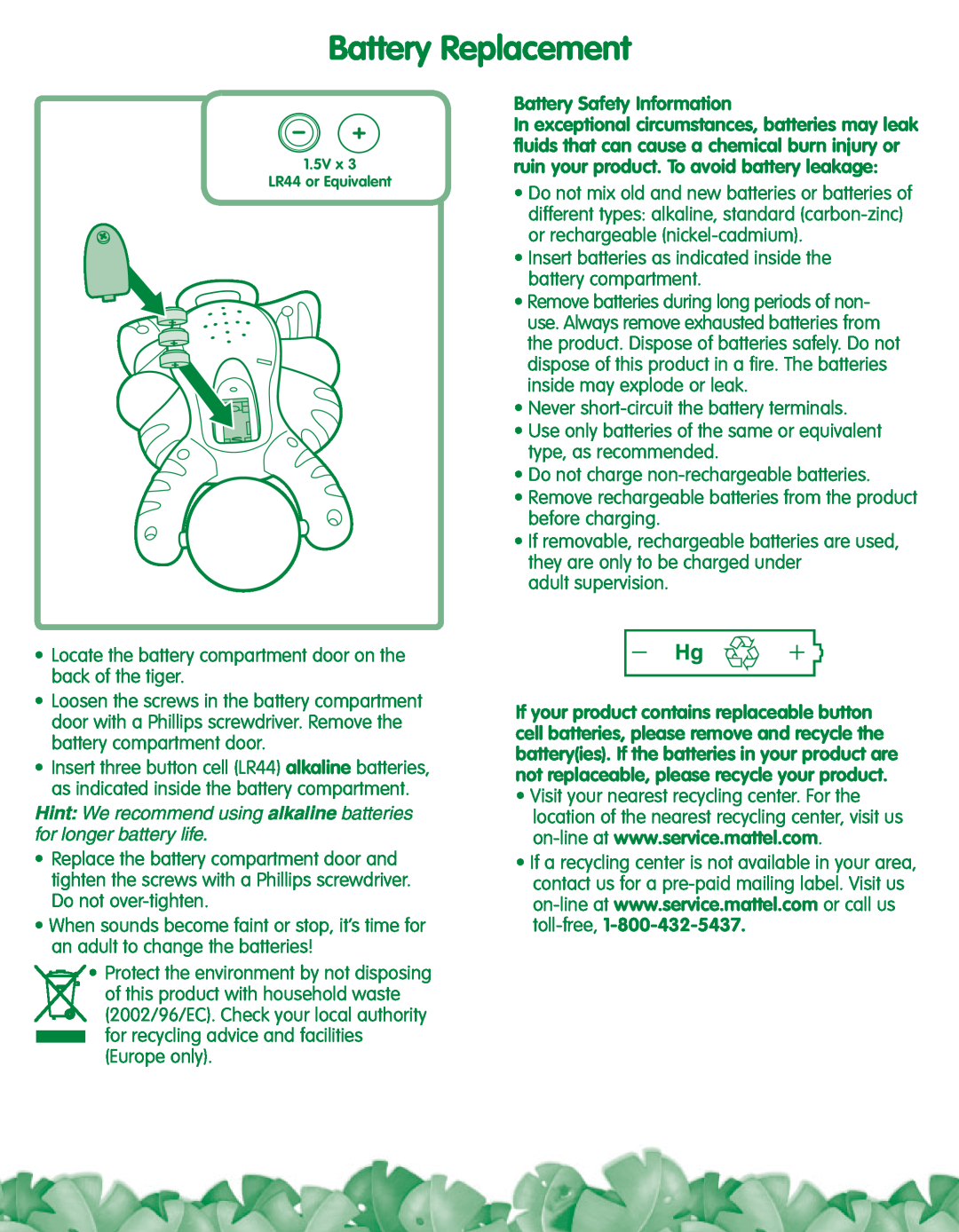 Fisher-Price L1664 instruction sheet Battery Replacement, Battery Safety Information 