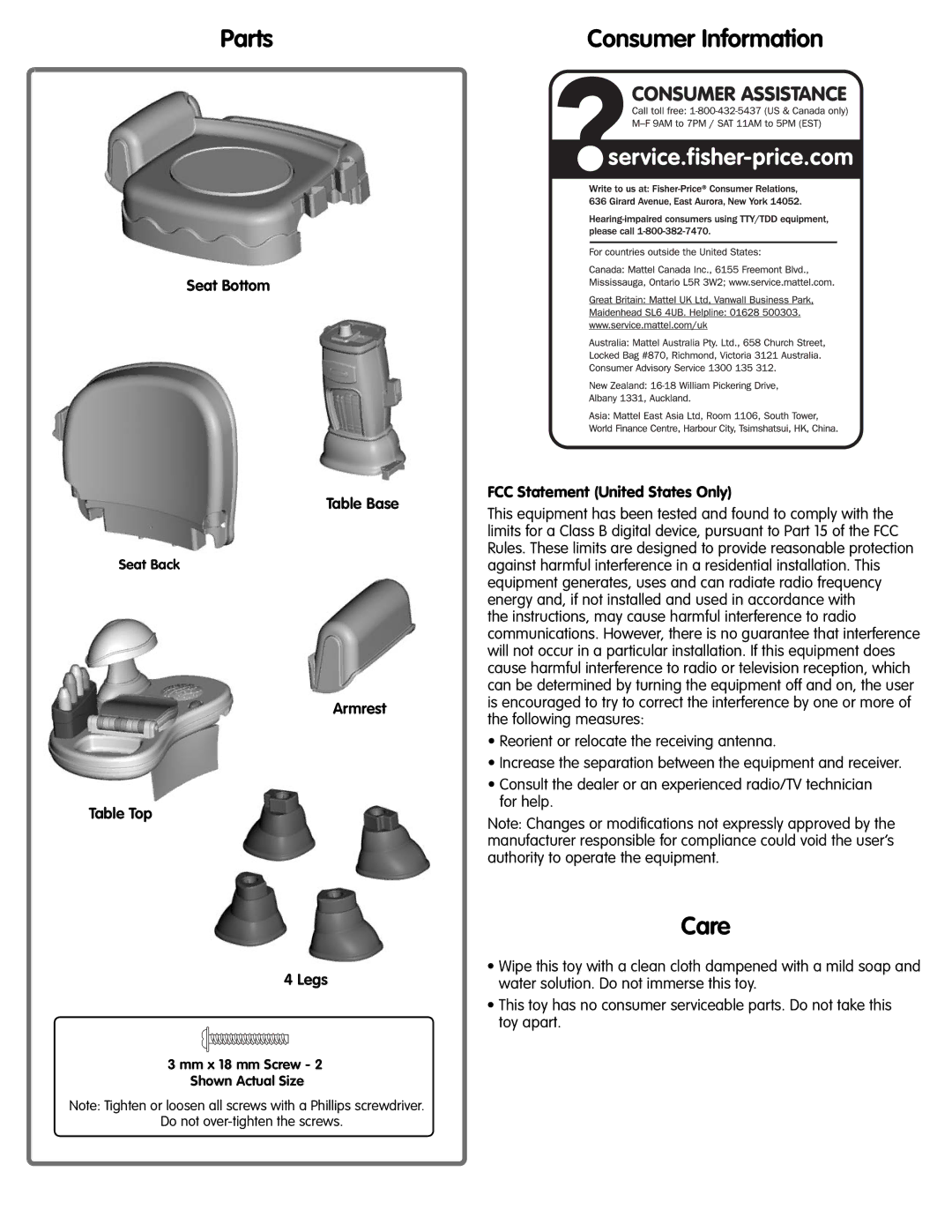 Fisher-Price L3479 instruction sheet Parts Consumer Information, Care, Seat Bottom Table Base, Armrest Table Top Legs 