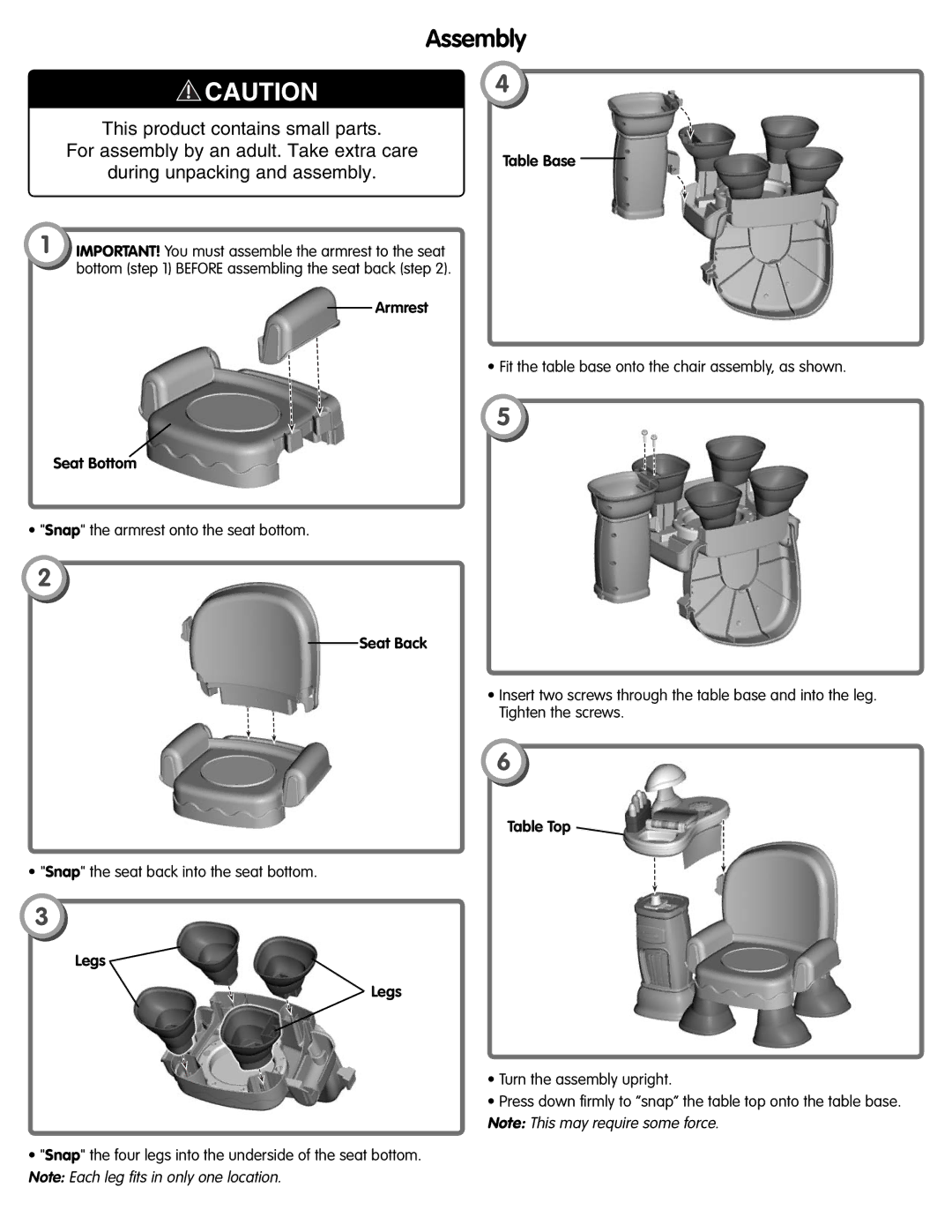 Fisher-Price L3479 instruction sheet Assembly, Armrest Seat Bottom, Seat Back, Legs Table Base 