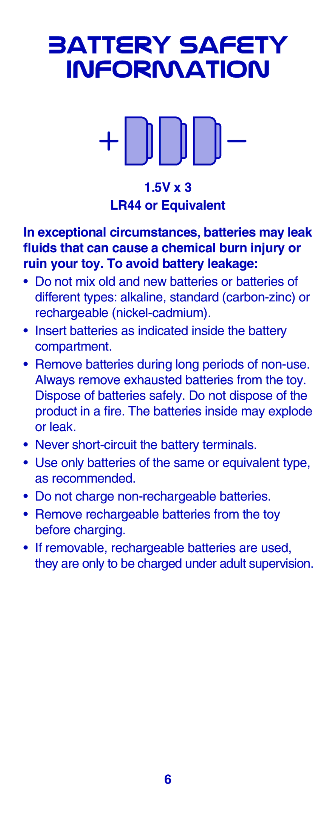 Fisher-Price L3770 instruction sheet Battery Safety Information, 5V x LR44 or Equivalent 