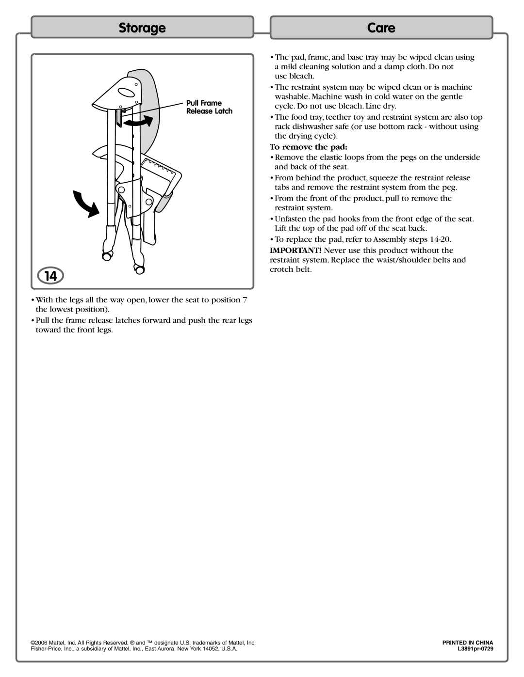 Fisher-Price L3891 manual Storage, To remove the pad 