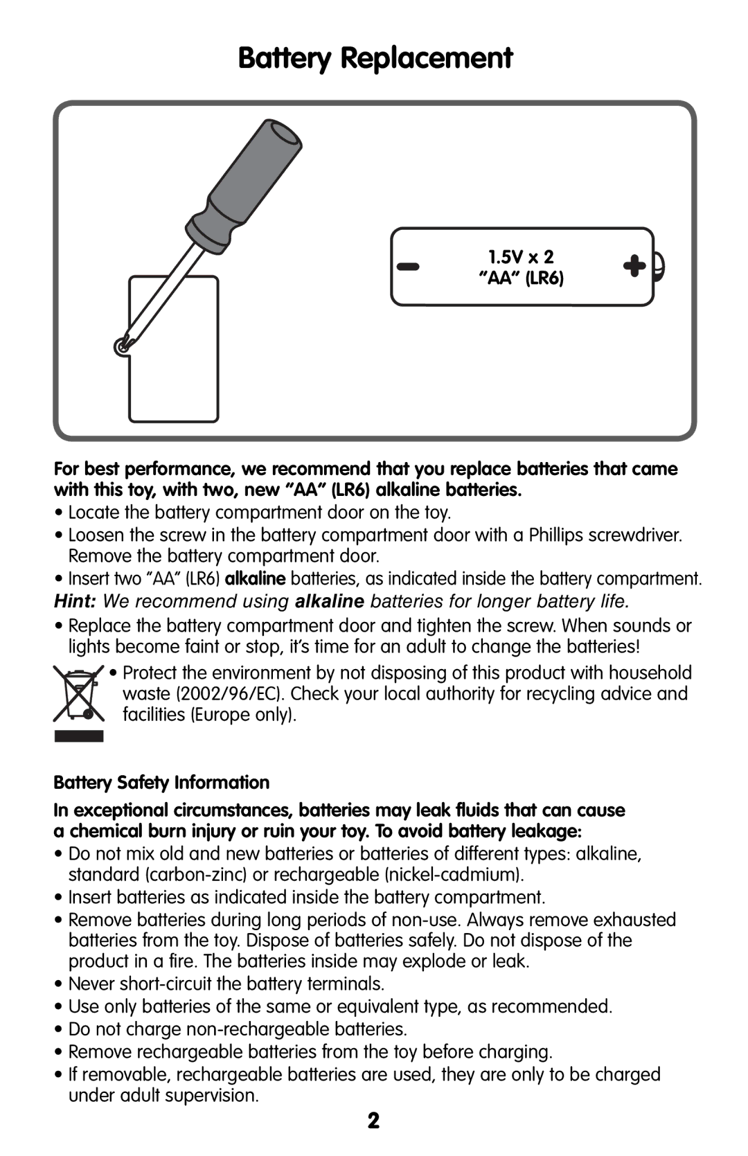 Fisher-Price L3940 instruction sheet Battery Replacement, Battery Safety Information 