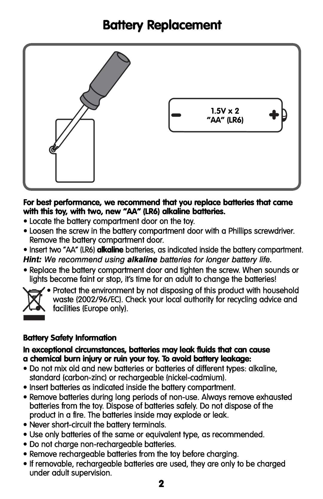 Fisher-Price L3940 instruction sheet Battery Replacement, 1.5V x “AA” LR6, Battery Safety Information 