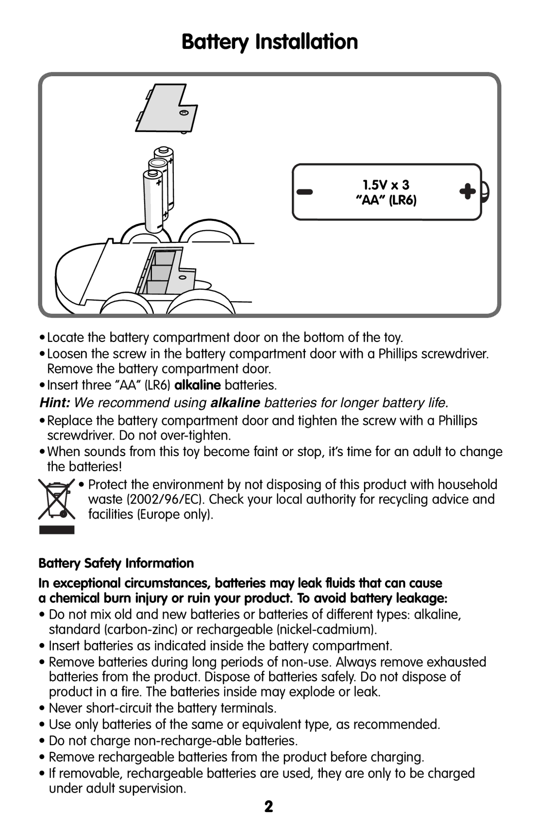 Fisher-Price L4758 instruction sheet Battery Installation, 5V x AA LR6, Battery Safety Information 