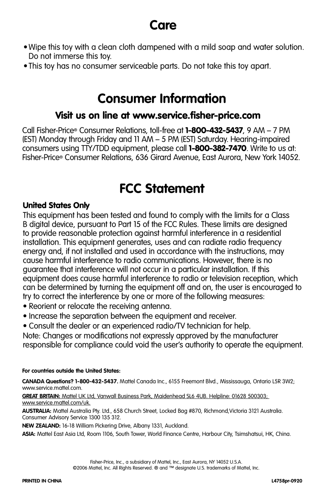 Fisher-Price L4758 instruction sheet Care, Consumer Information, FCC Statement, United States Only 