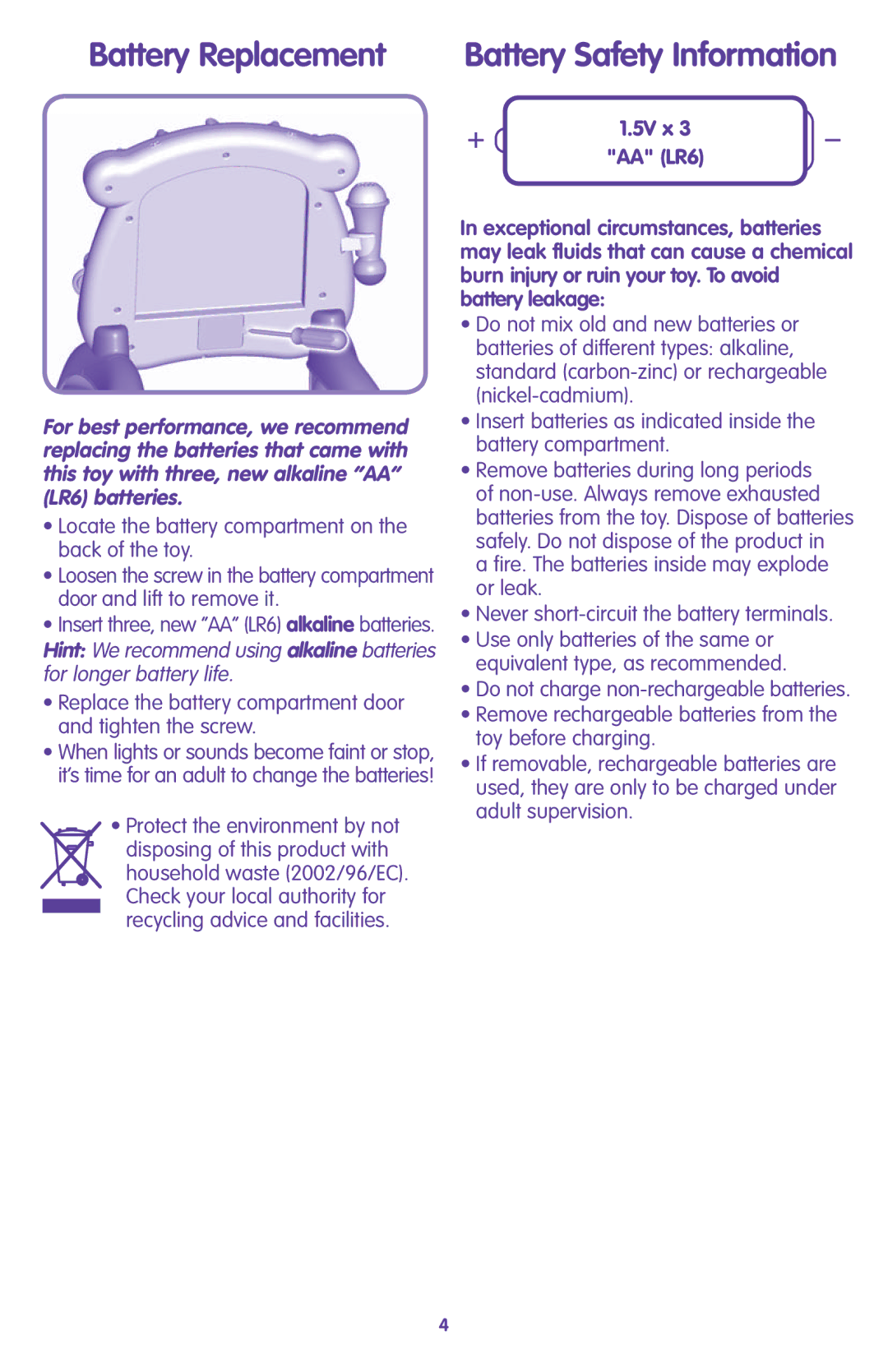 Fisher-Price L4805 instruction sheet Battery Replacement, Battery Safety Information 