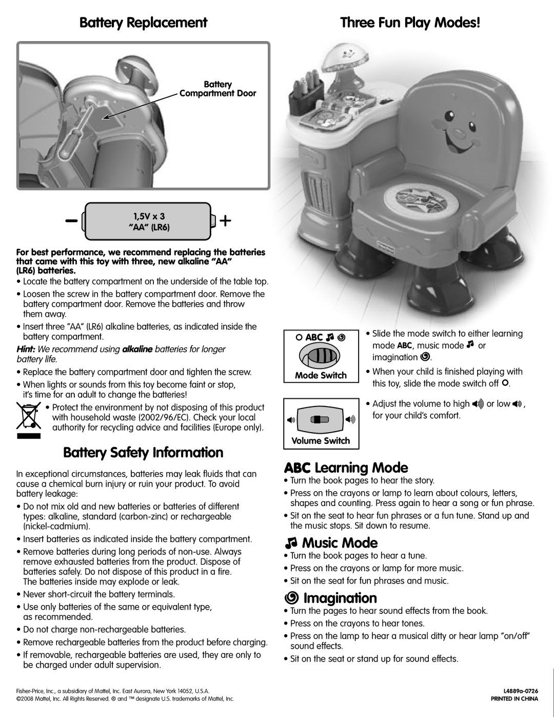 Fisher-Price L4889 Battery Replacement, Battery Safety Information, Learning Mode, Music Mode, Imagination 