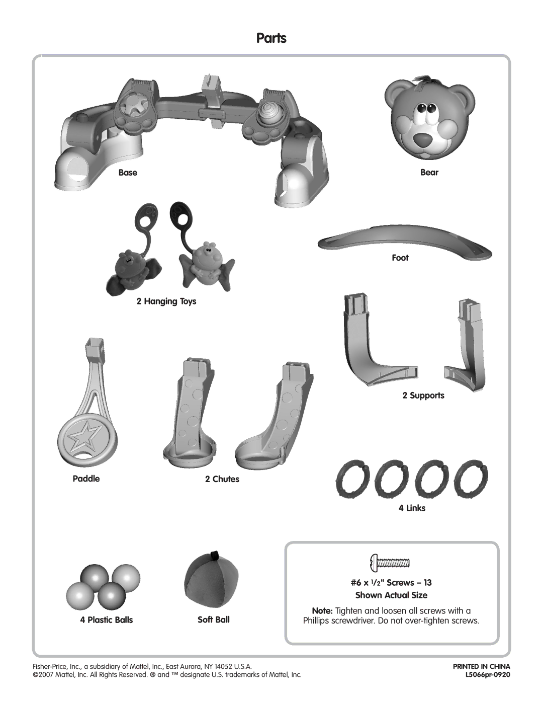 Fisher-Price L5066 instruction sheet Parts, Base Hanging Toys Paddle, Plastic Balls 