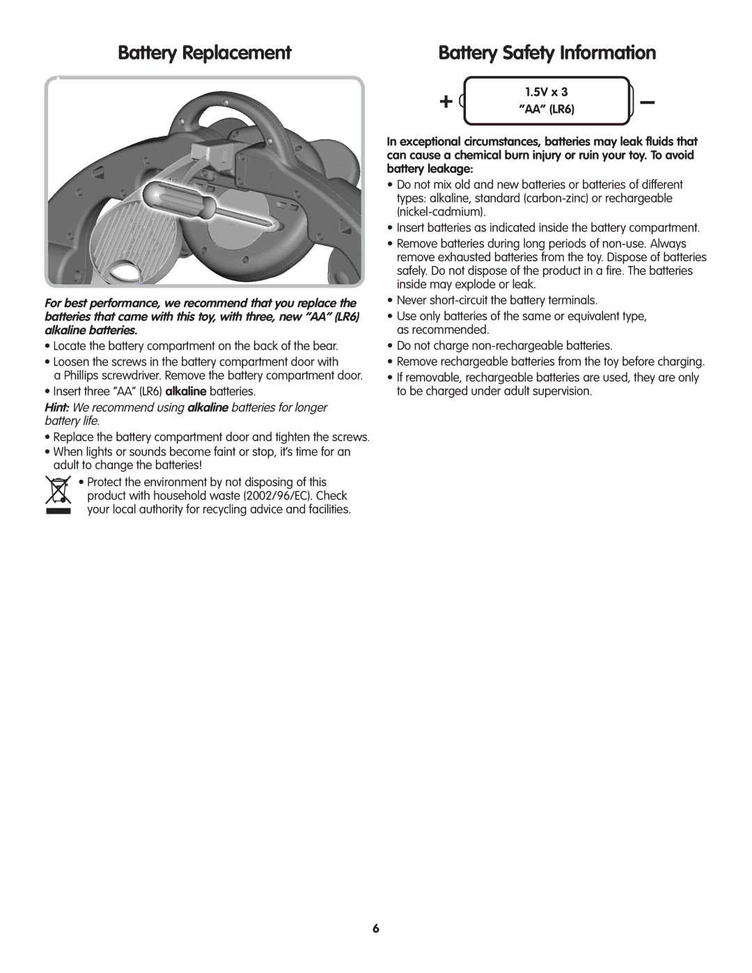 Fisher-Price L5066 instruction sheet Battery Replacement, Battery Safety Information 