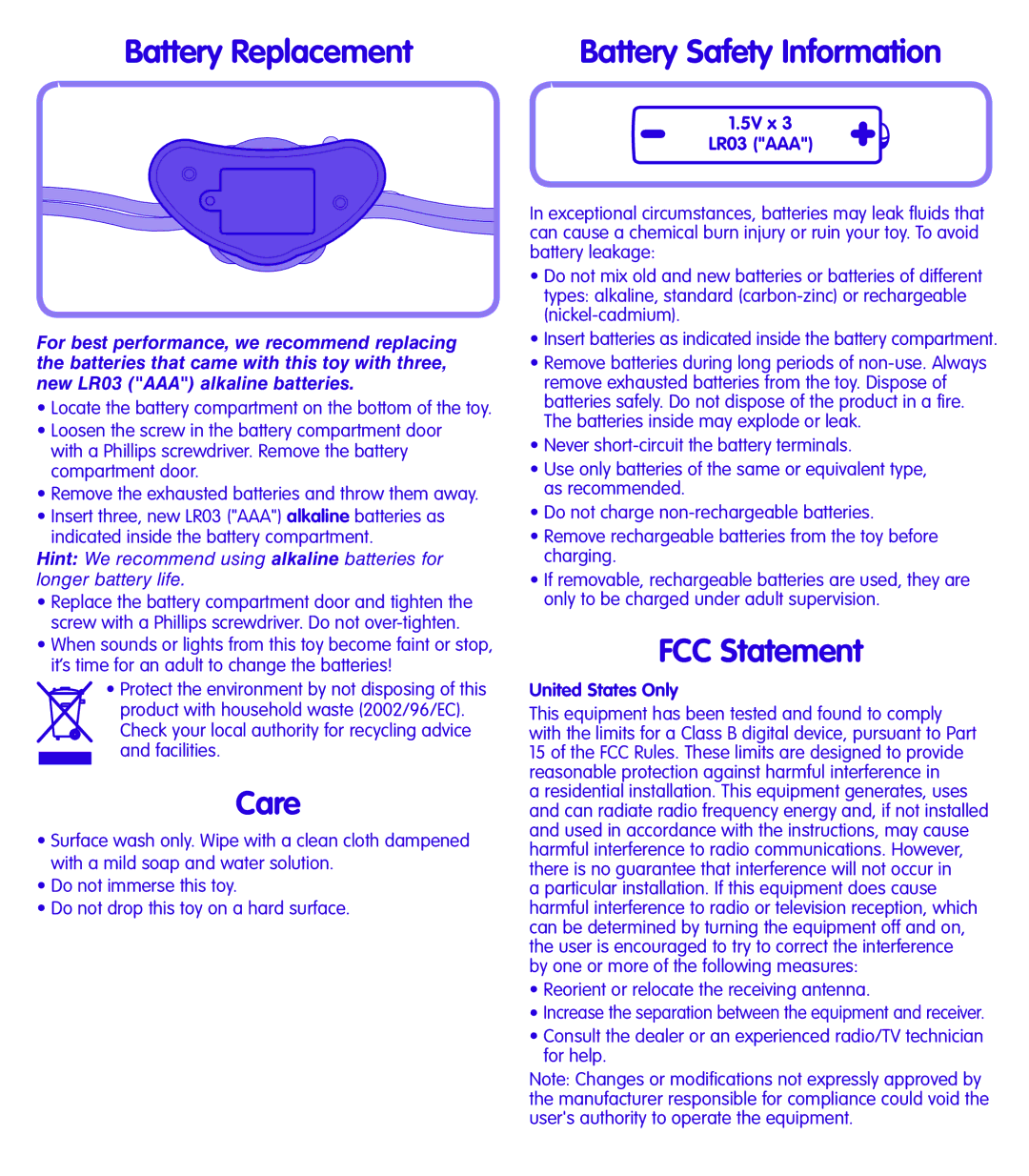 Fisher-Price L5847 instruction sheet Battery Replacement, Care, FCC Statement 