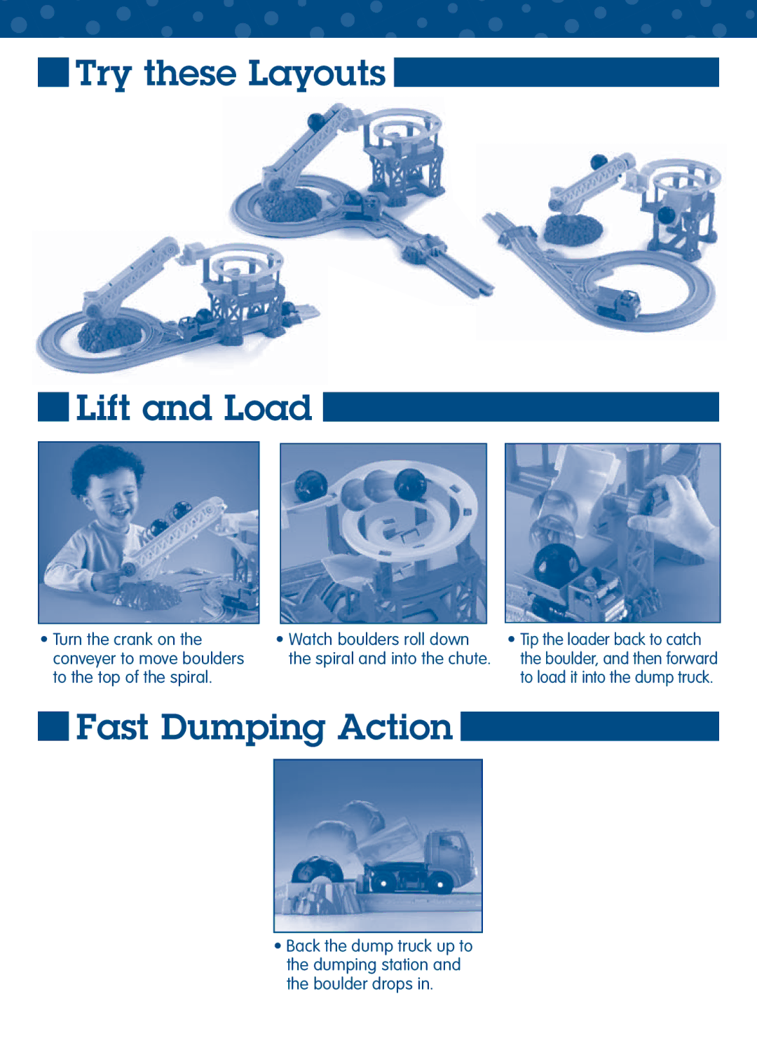 Fisher-Price L5888 manual Try these Layouts Lift and Load, Fast Dumping Action 