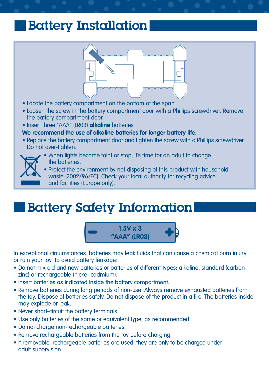 Fisher-Price L5895 manual Battery Installation, Battery Safety Information 