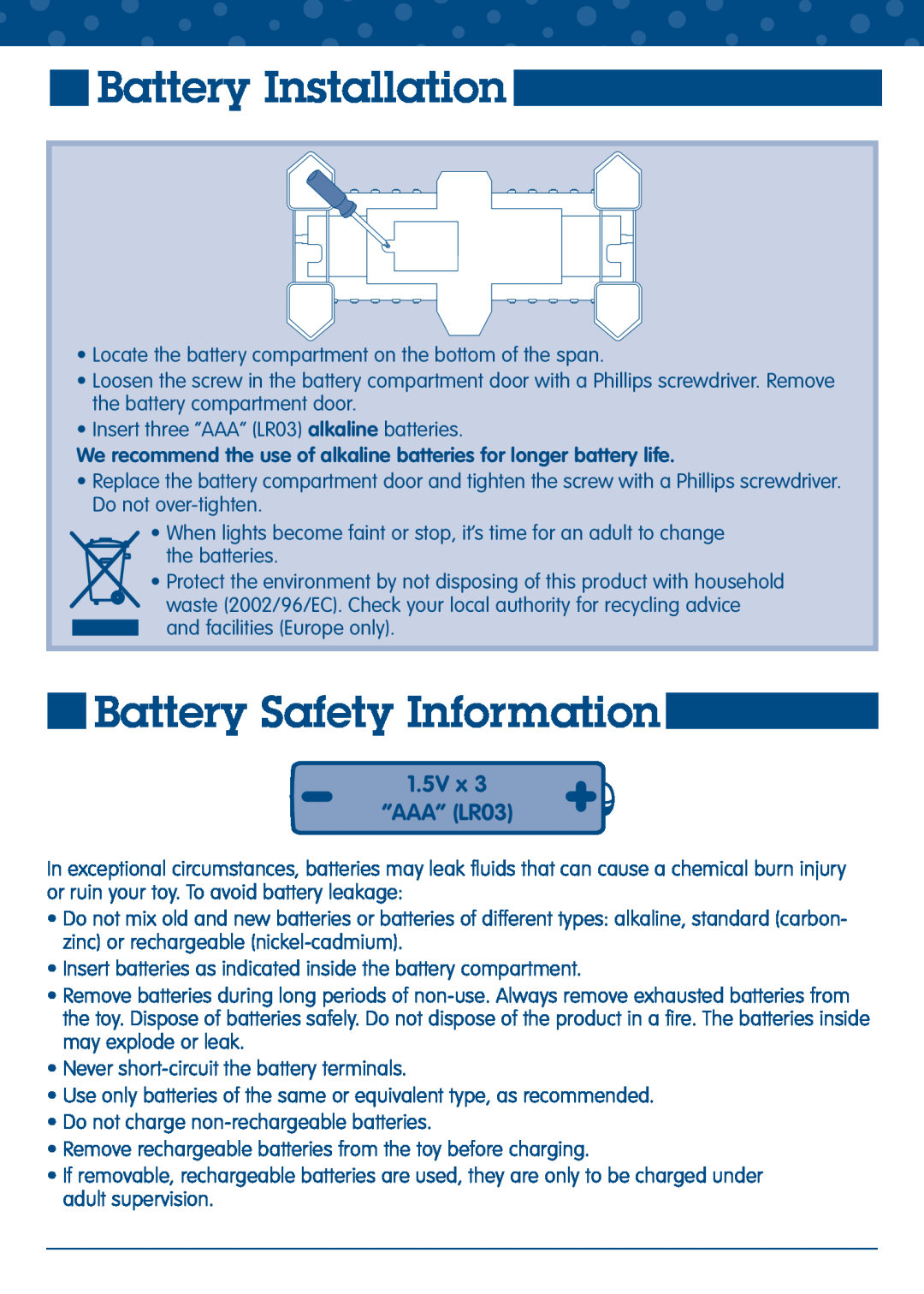 Fisher-Price L5895 manual Battery Installation, Battery Safety Information, 1.5V x “AAA” LR03 