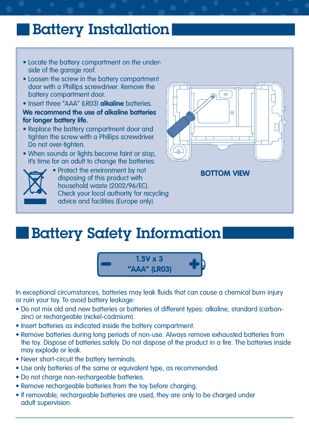 Fisher-Price L5896 manual Battery Installation, Battery Safety Information 