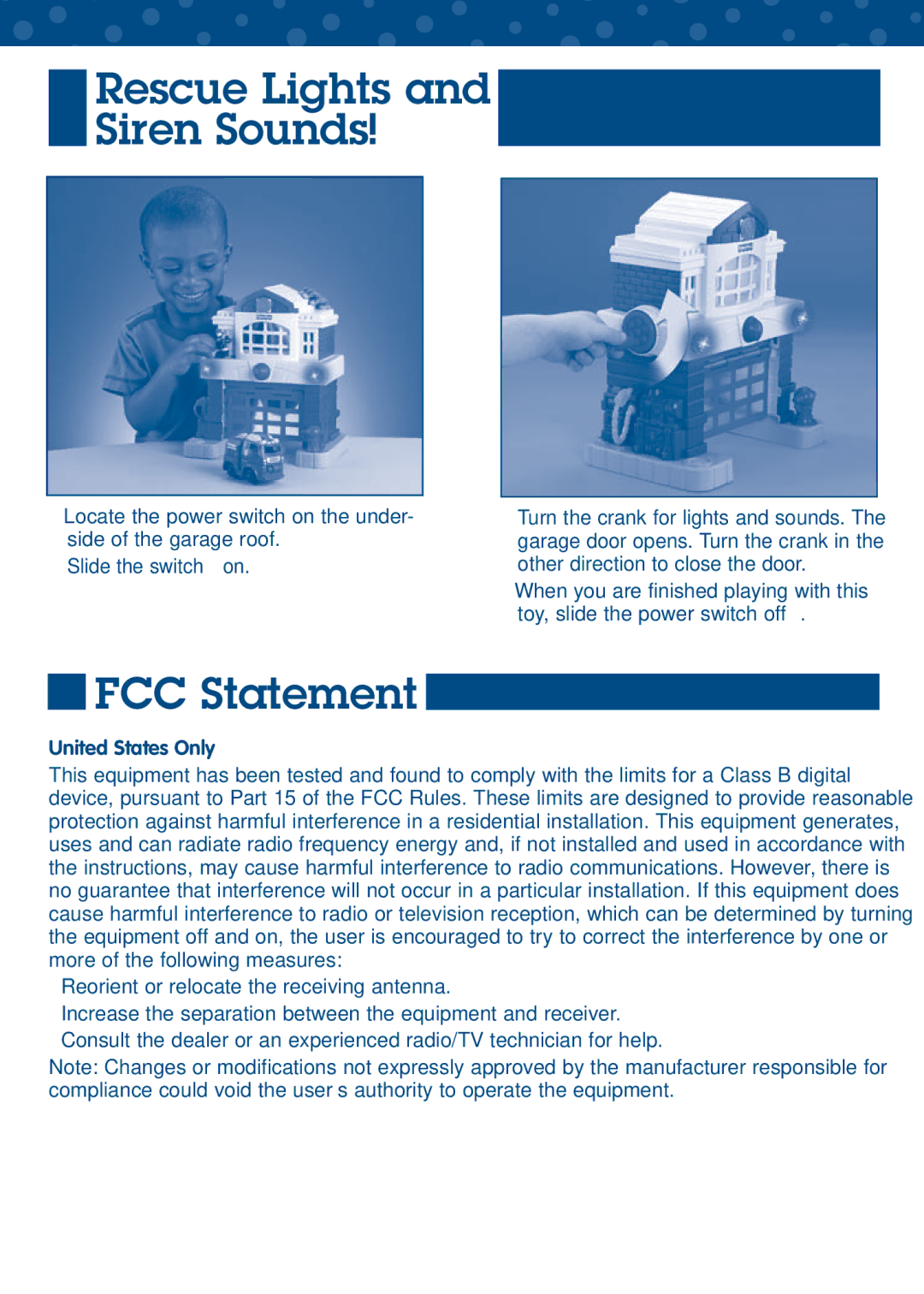 Fisher-Price L5896 manual Rescue Lights and Siren Sounds, FCC Statement 