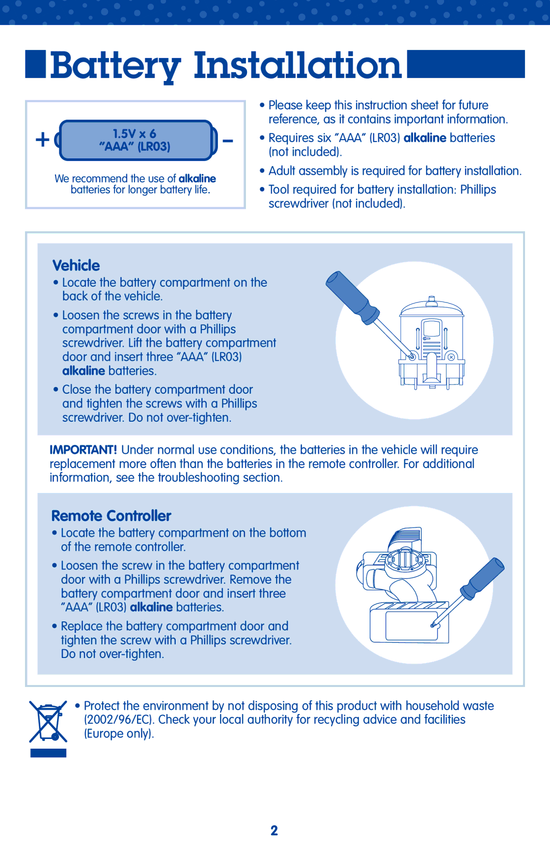 Fisher-Price L5912 manual Battery Installation, 5V x AAA LR03 