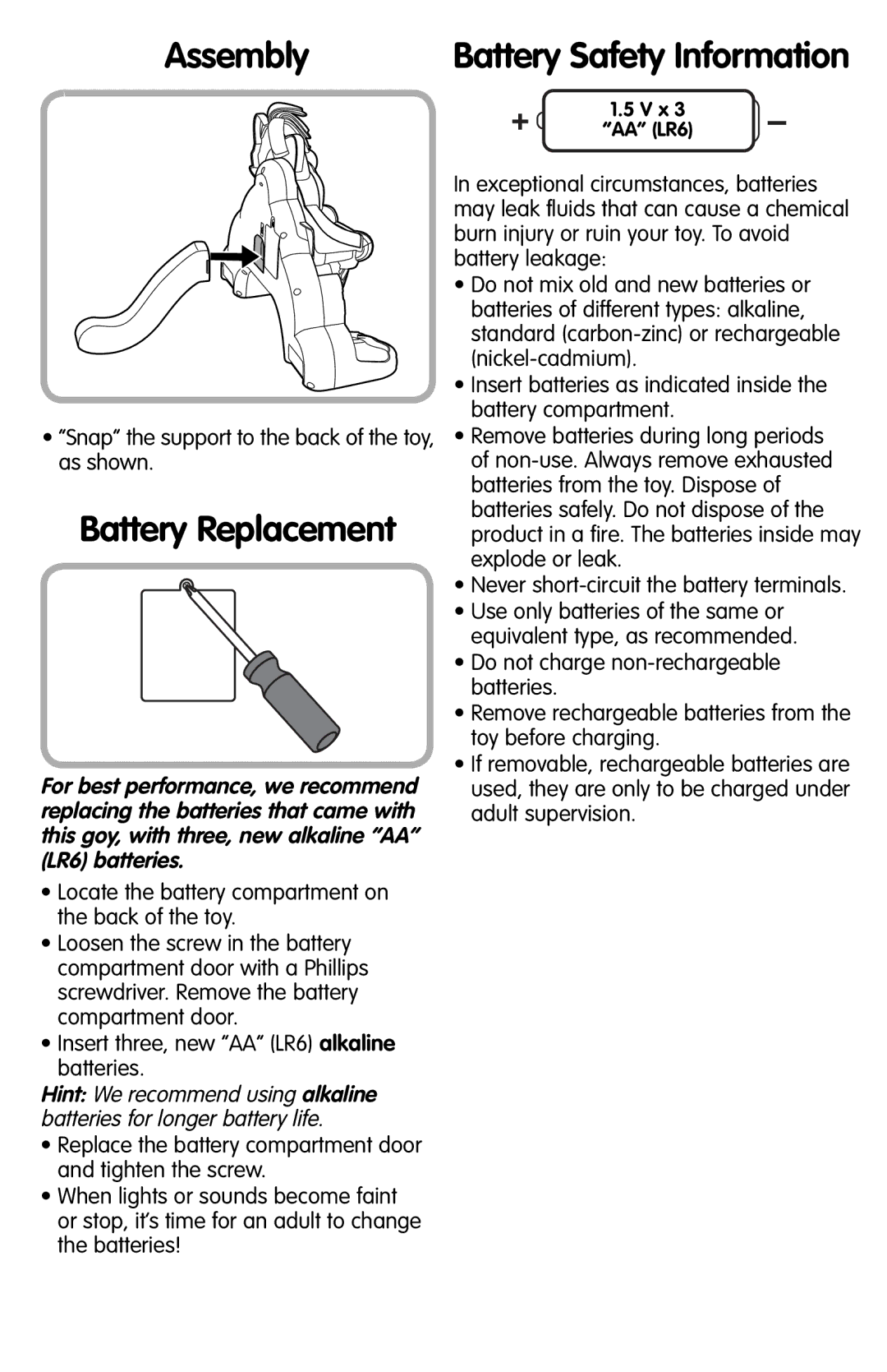 Fisher-Price L6357 instruction sheet Assembly, Battery Replacement 