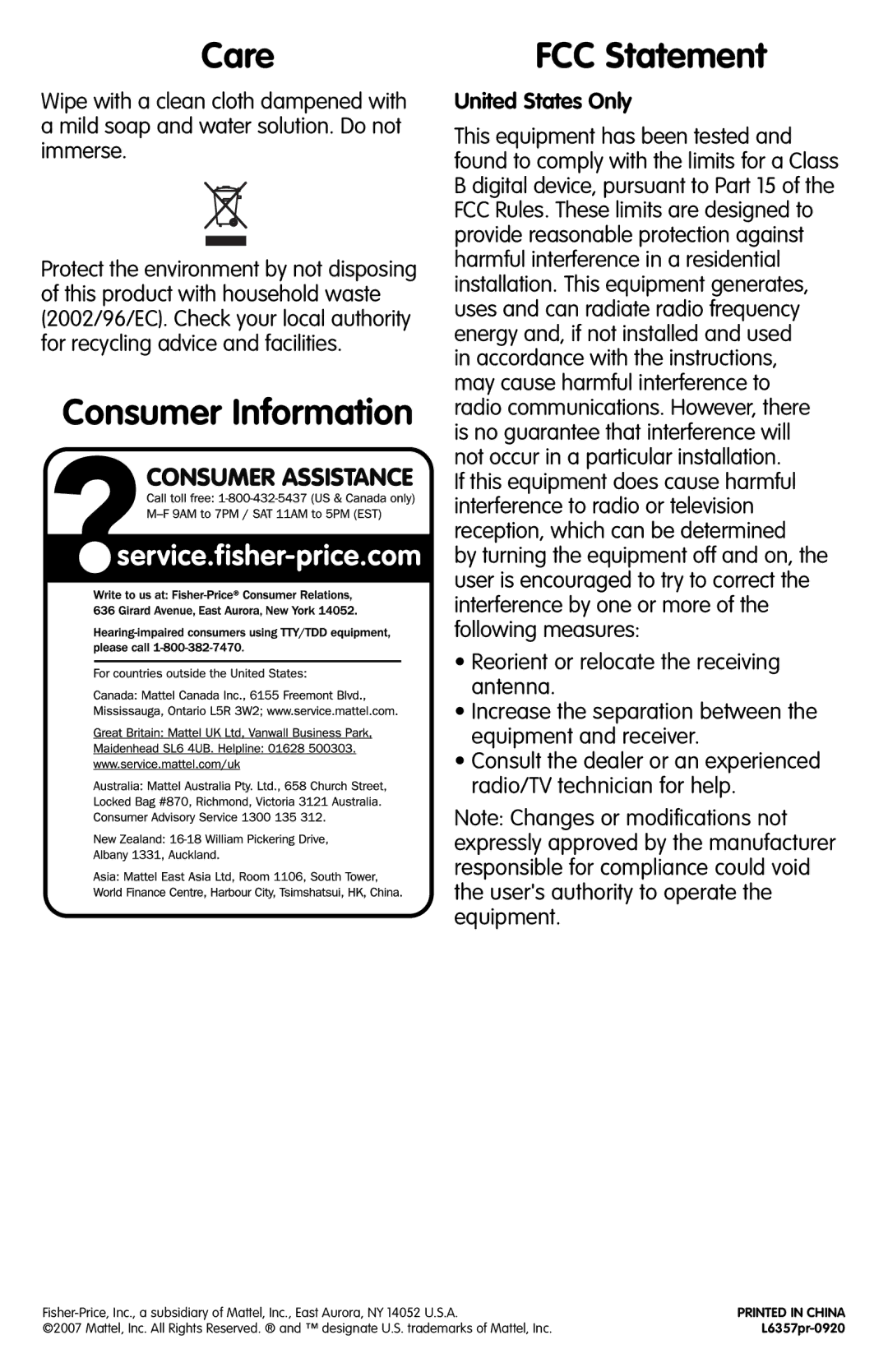 Fisher-Price L6357 instruction sheet Care, Consumer Information FCC Statement 