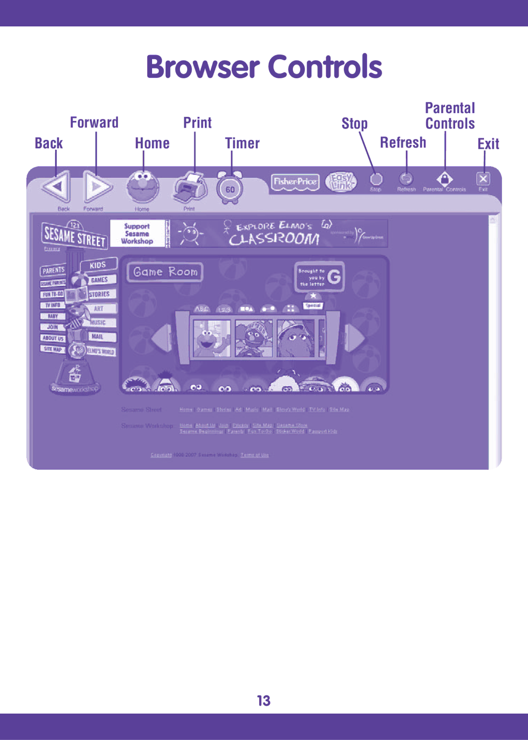 Fisher-Price L6367 manual Browser Controls, Forward Print, Stop, Back Home Timer Refresh 