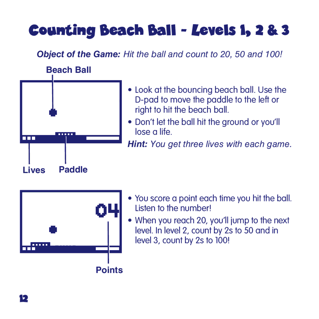 Fisher-Price L6723 manual Object of the Game Hit the ball and count to 20, 50, Beach Ball Lives Paddle, Points 