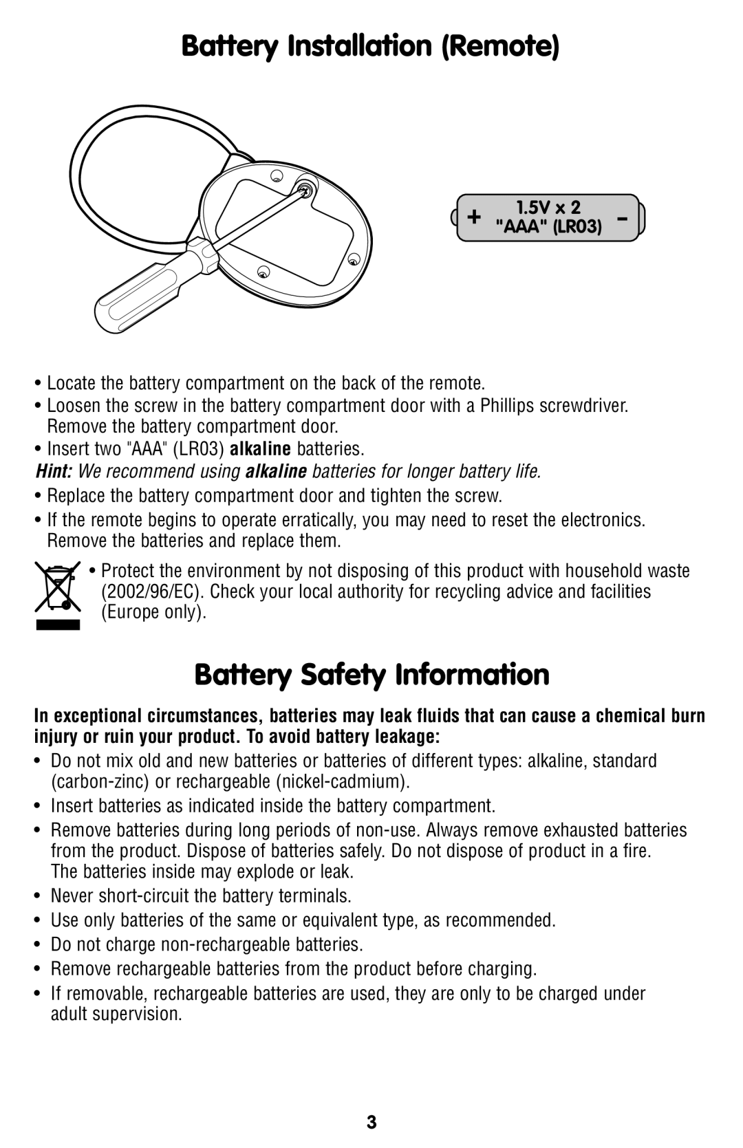 Fisher-Price L6925 instruction sheet Battery Installation Remote, Battery Safety Information, 5V x AAA LR03 