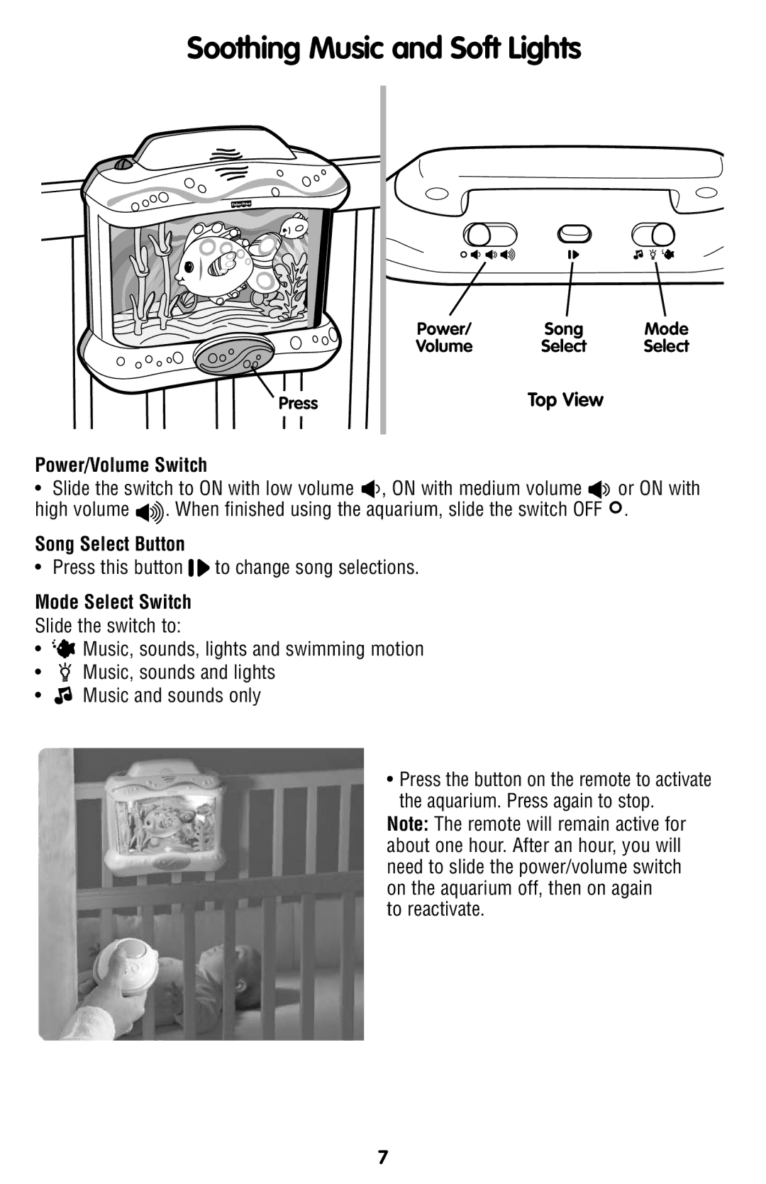 Fisher-Price L6925 Soothing Music and Soft Lights, Top View Power/Volume Switch, Song Select Button, Mode Select Switch 