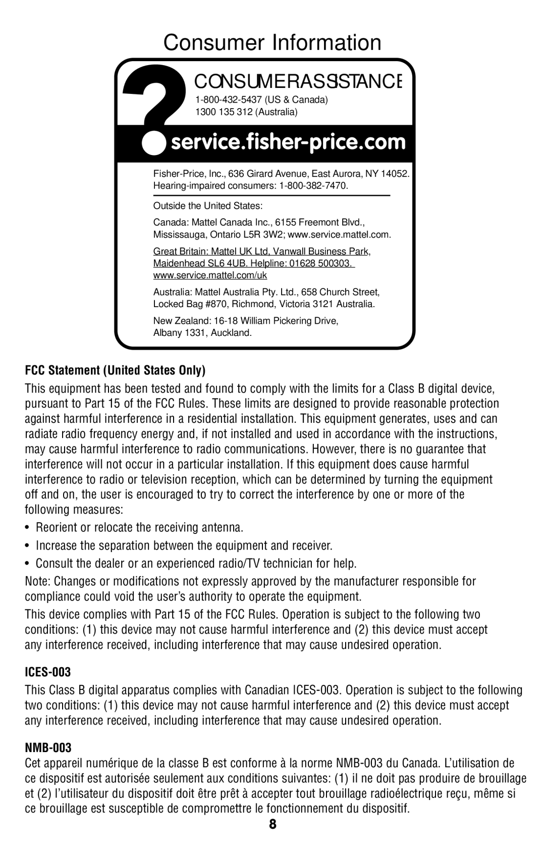 Fisher-Price L6925 instruction sheet Consumer Information, Consumer Assistance 