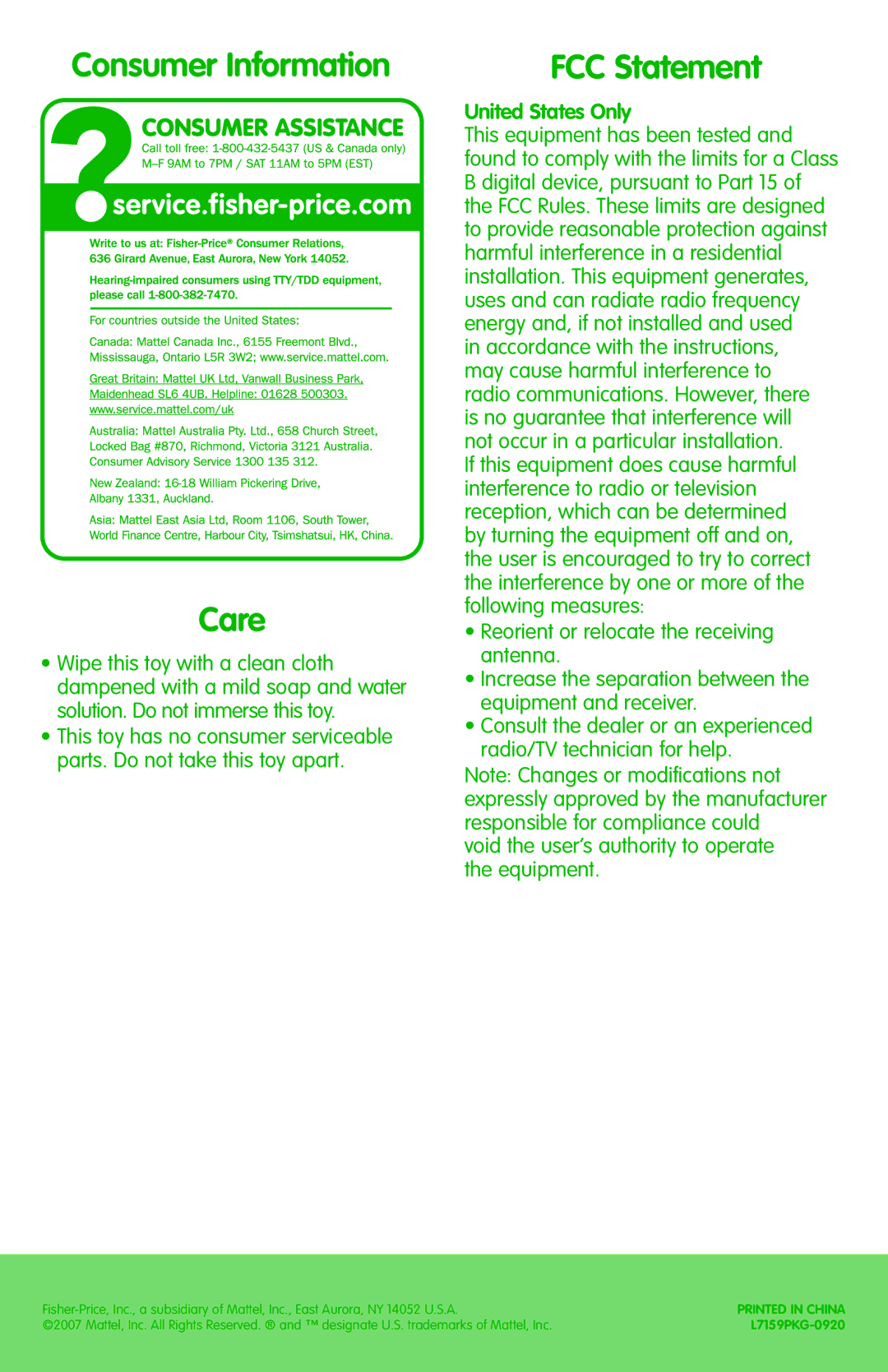 Fisher-Price L7159 instruction sheet Consumer Information Care, FCC Statement, United States Only 