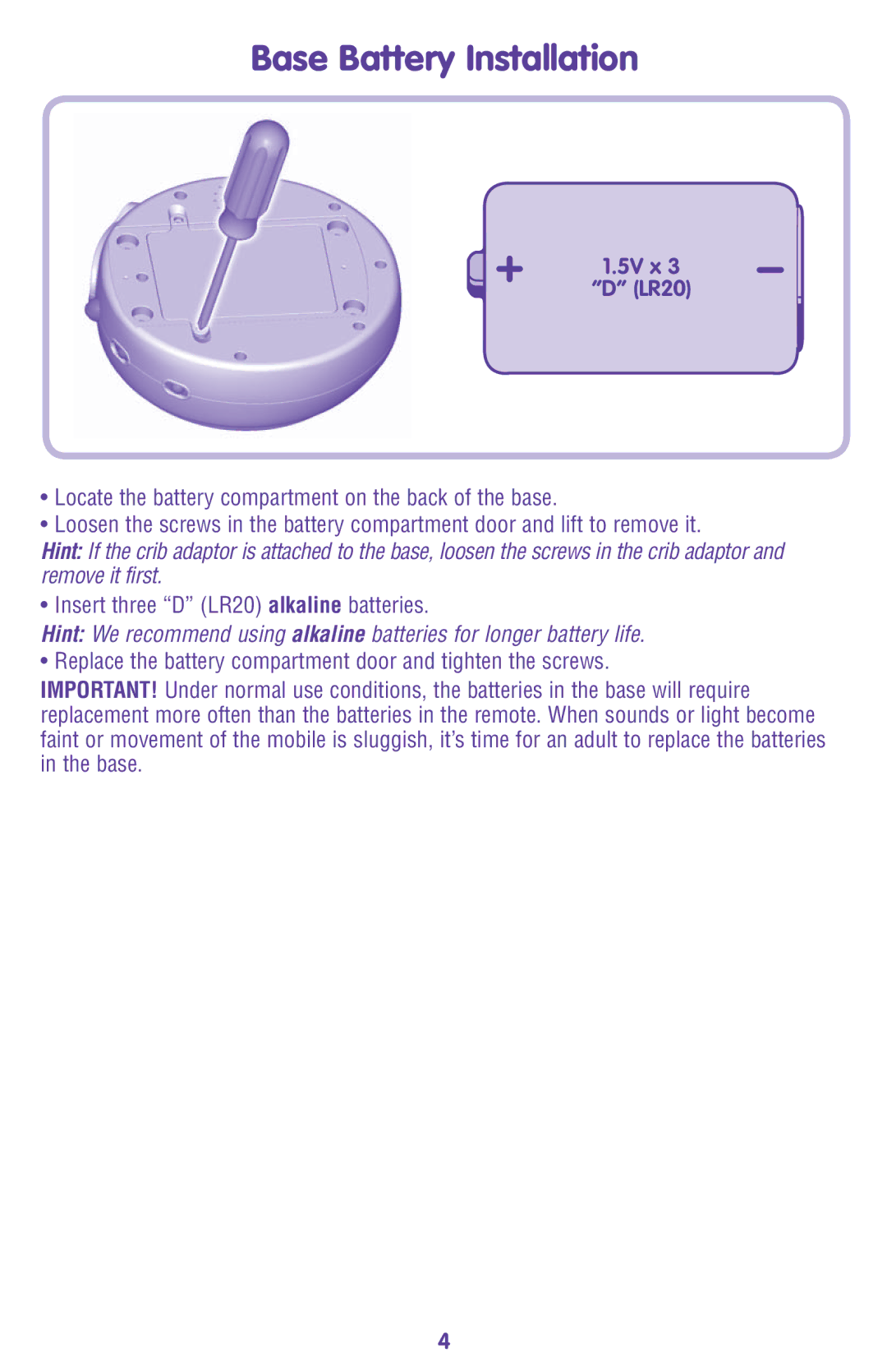 Fisher-Price L7334 instruction sheet Base Battery Installation, 5V x LR20 