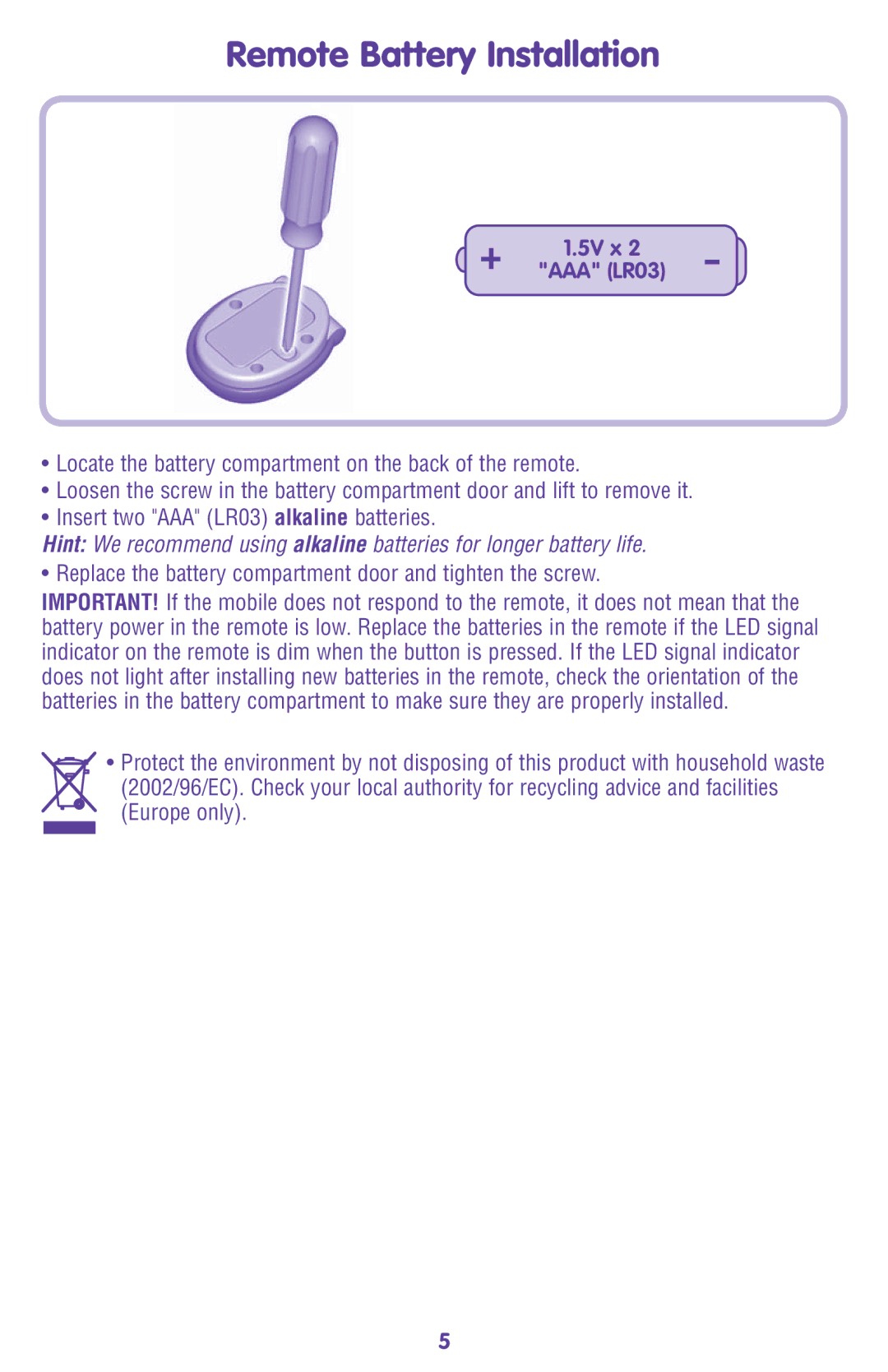 Fisher-Price L7334 instruction sheet Remote Battery Installation, 5V x AAA LR03 