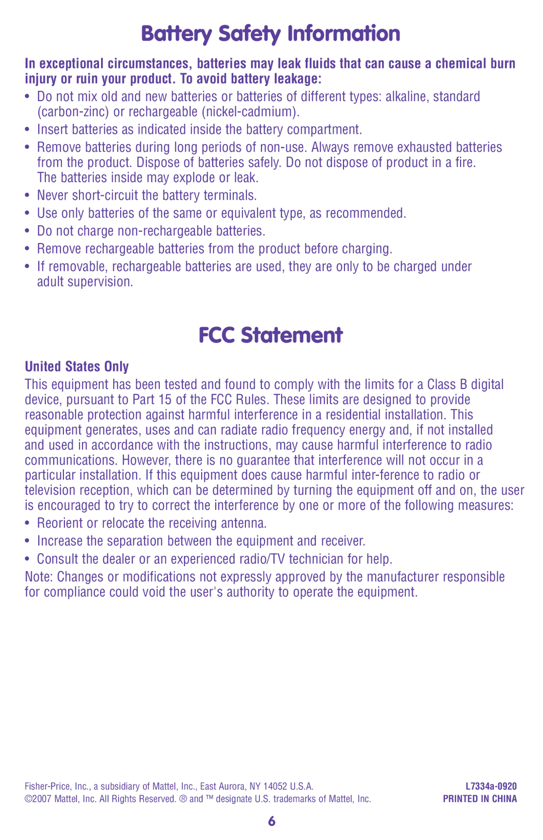 Fisher-Price L7334 instruction sheet Battery Safety Information, FCC Statement, United States Only 