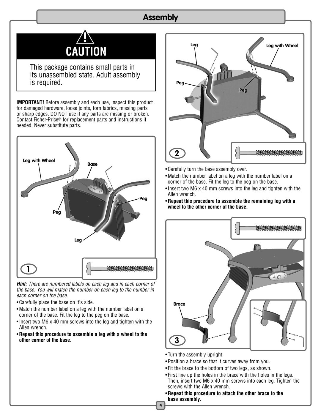 Fisher-Price L7836 manual Assembly, Wheel to the other corner of the base 