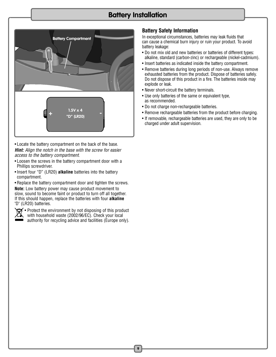 Fisher-Price L7836 manual Battery Installation, Battery Safety Information 