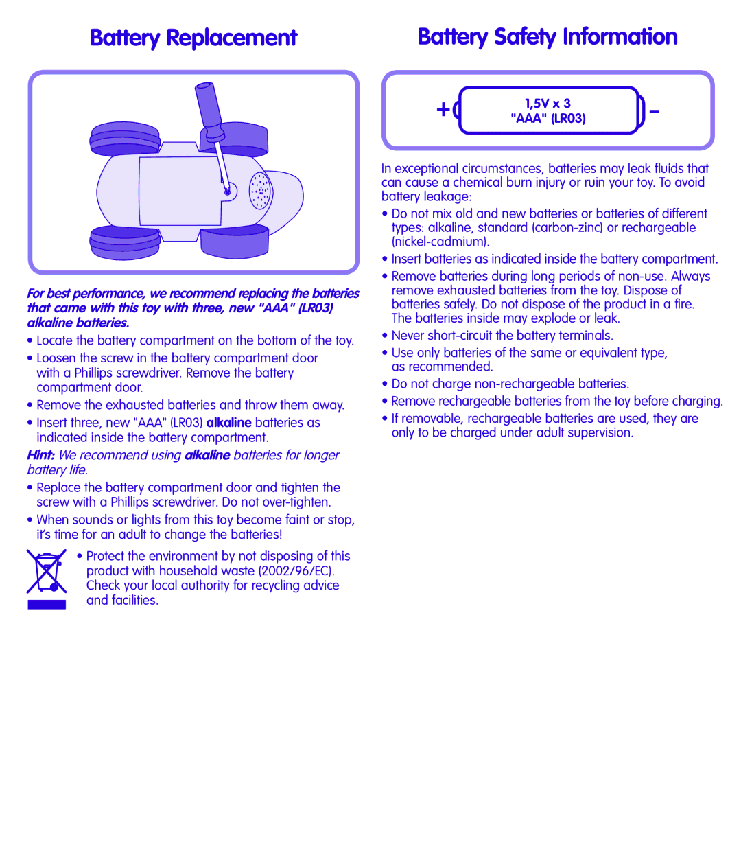 Fisher-Price L7954, L7953 instruction sheet Battery Replacement, Battery Safety Information 