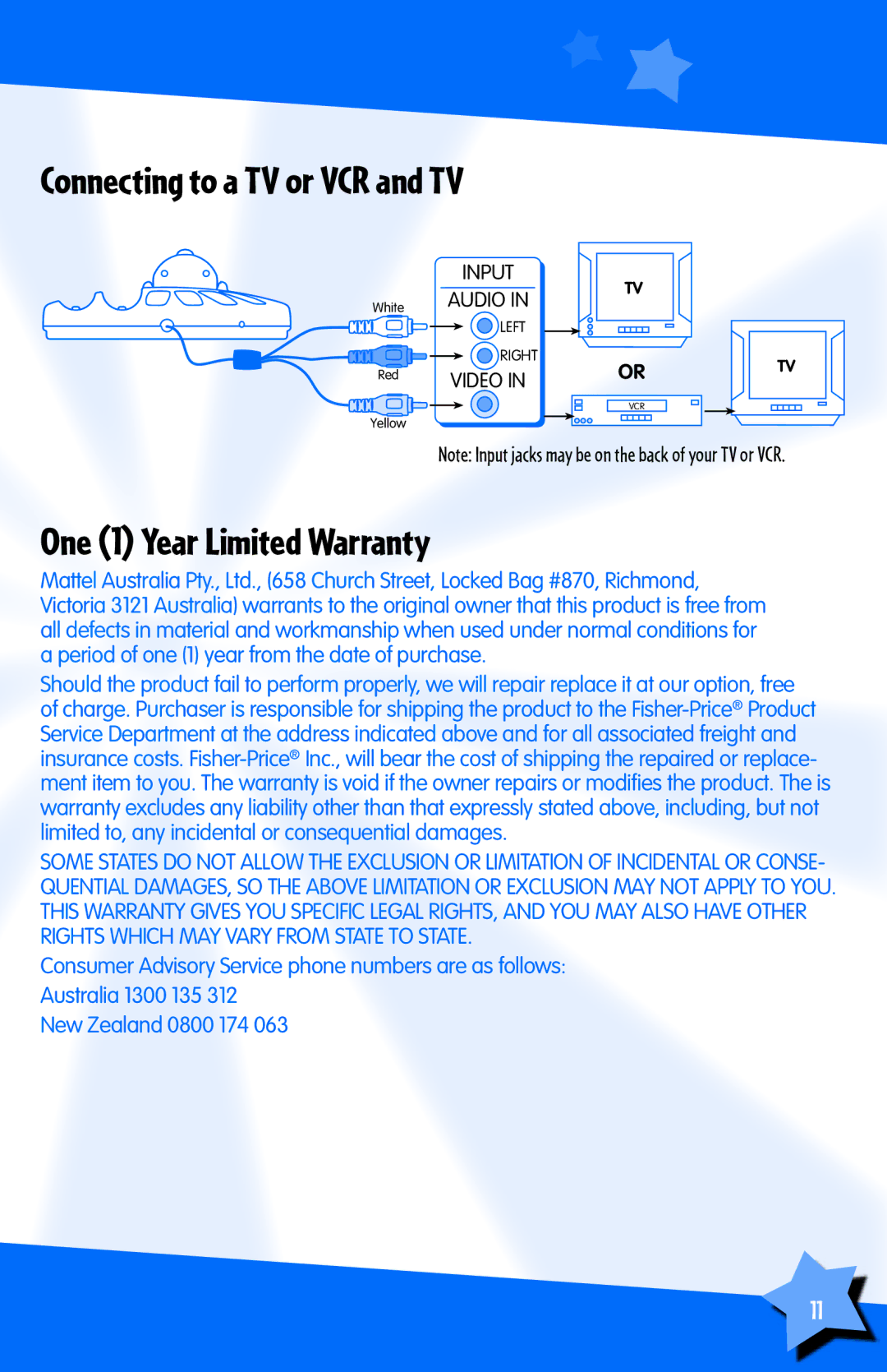 Fisher-Price L8145 instruction sheet Connecting to a TV or VCR and TV, One 1 Year Limited Warranty 