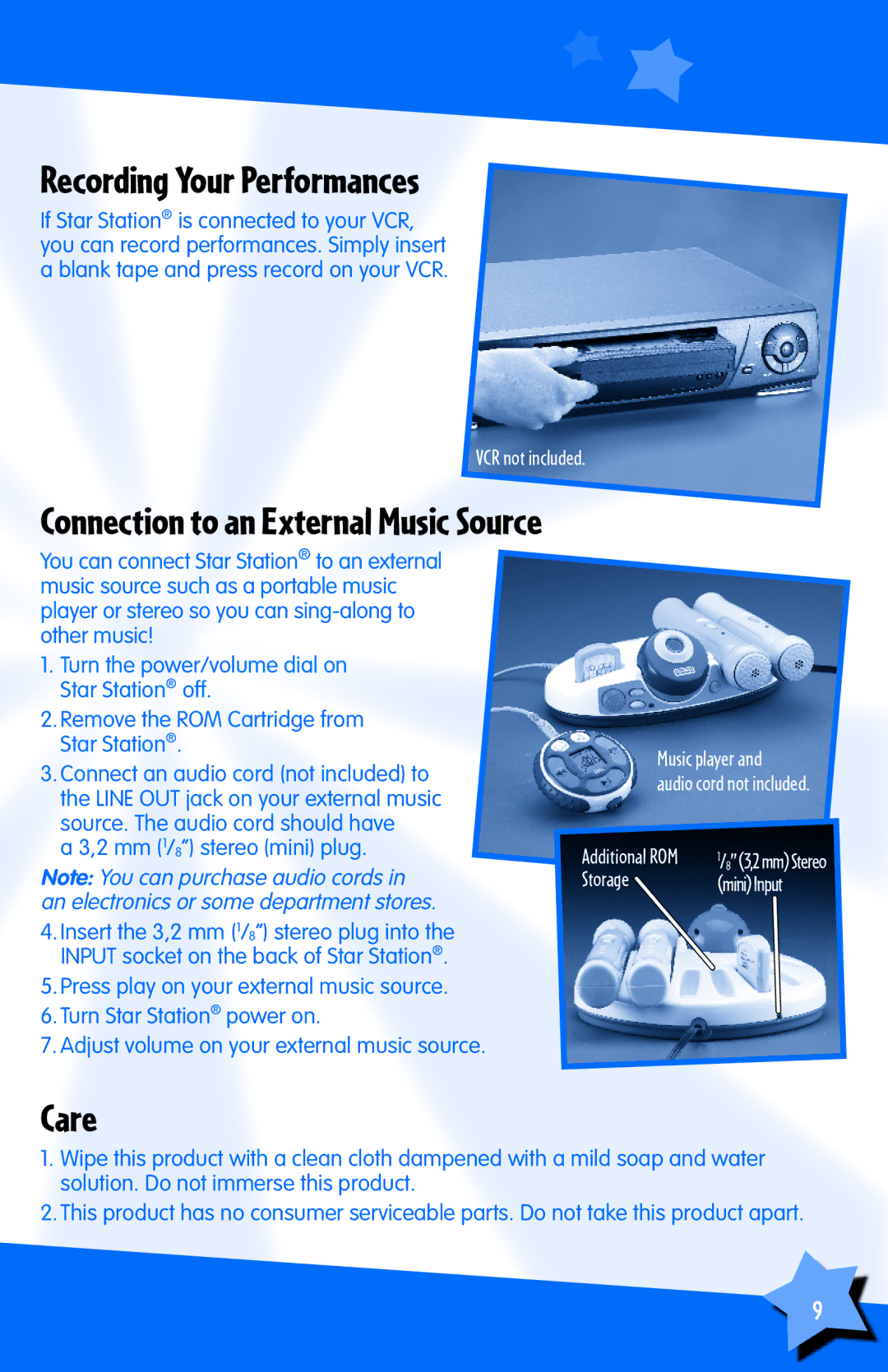 Fisher-Price L8145 instruction sheet Recording Your Performances, Connection to an External Music Source, Care 