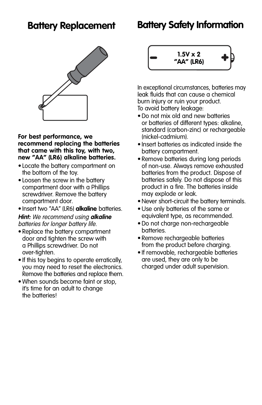 Fisher-Price M0251, M1280 instruction sheet Battery Replacement, 5V x AA LR6 