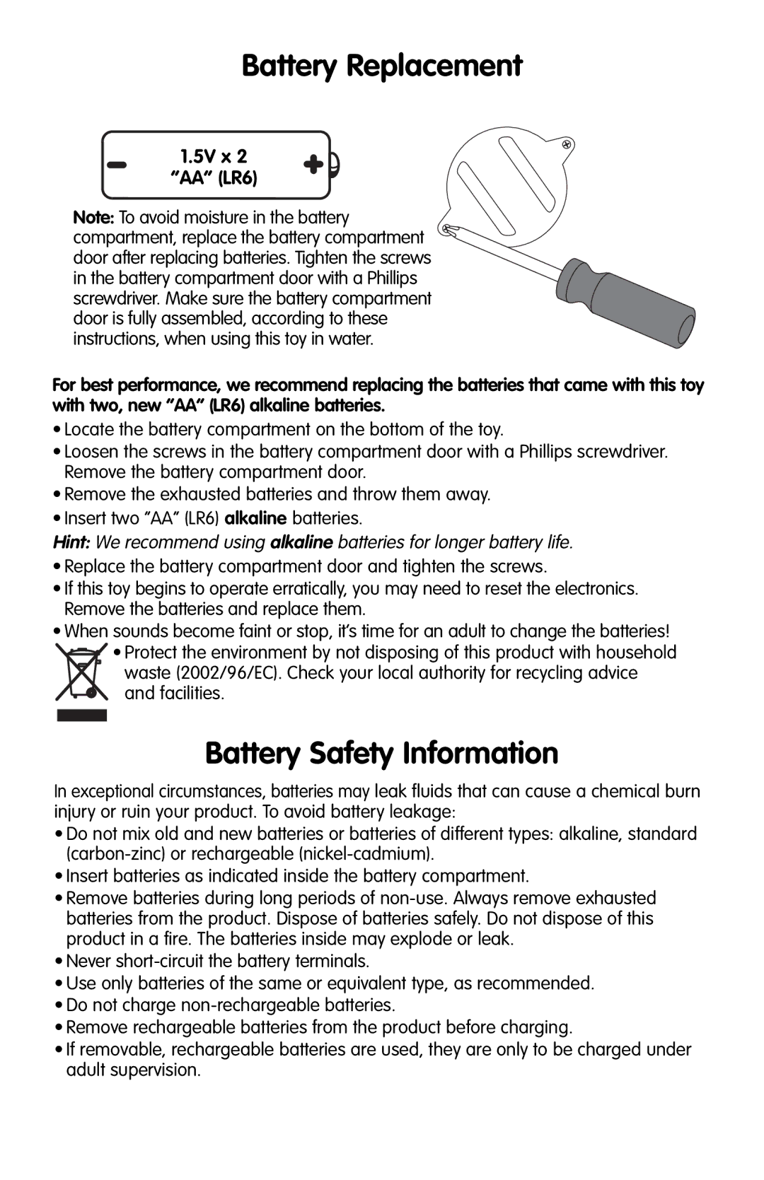 Fisher-Price M0252 instruction sheet Battery Replacement, Battery Safety Information 