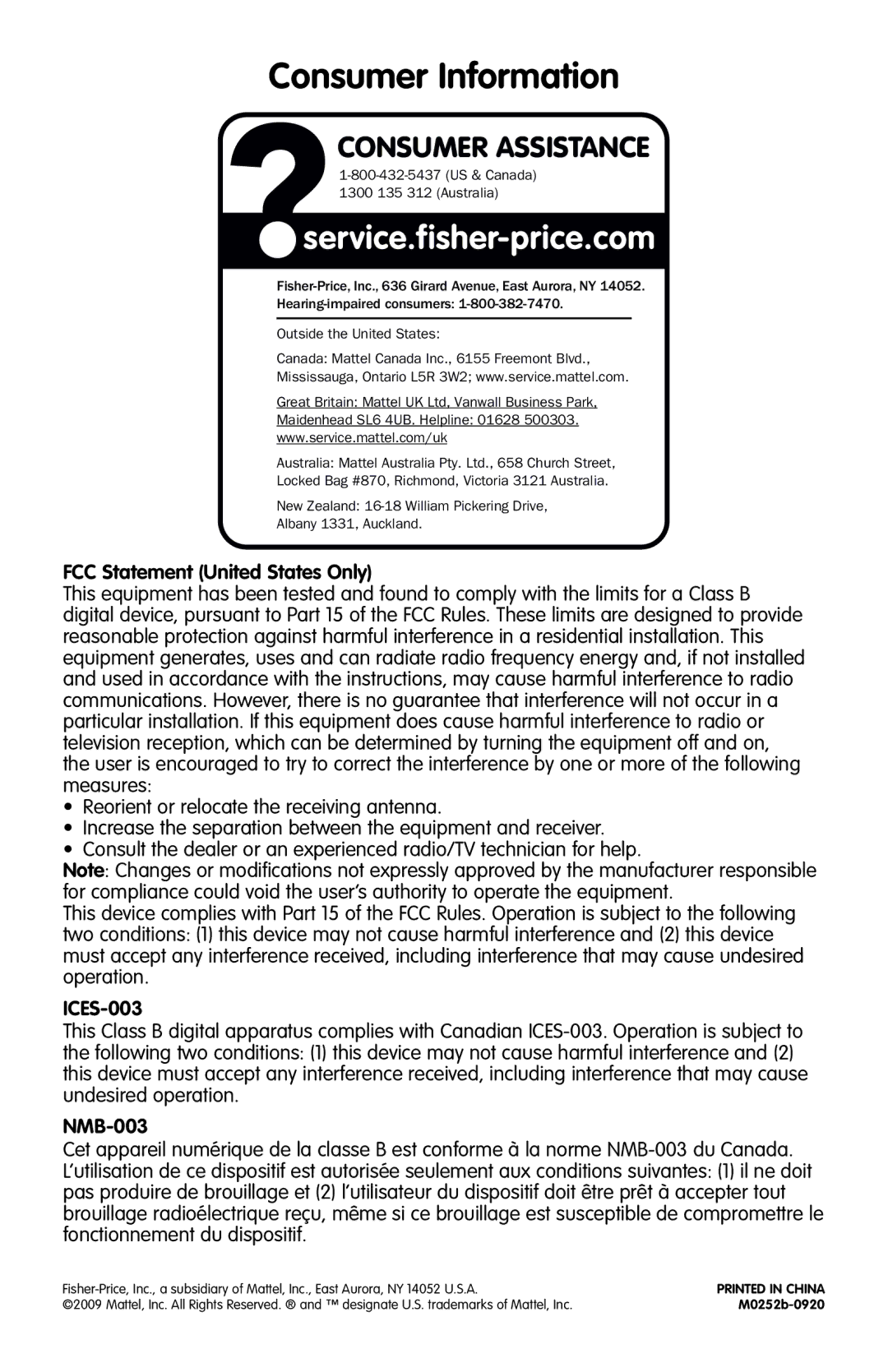 Fisher-Price M0252 instruction sheet Consumer Information, Consumer Assistance 