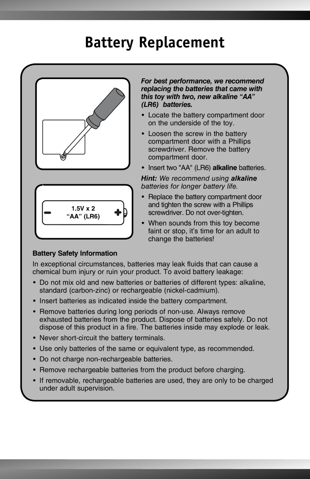 Fisher-Price M0262 instruction sheet Battery Replacement, Battery Safety Information 