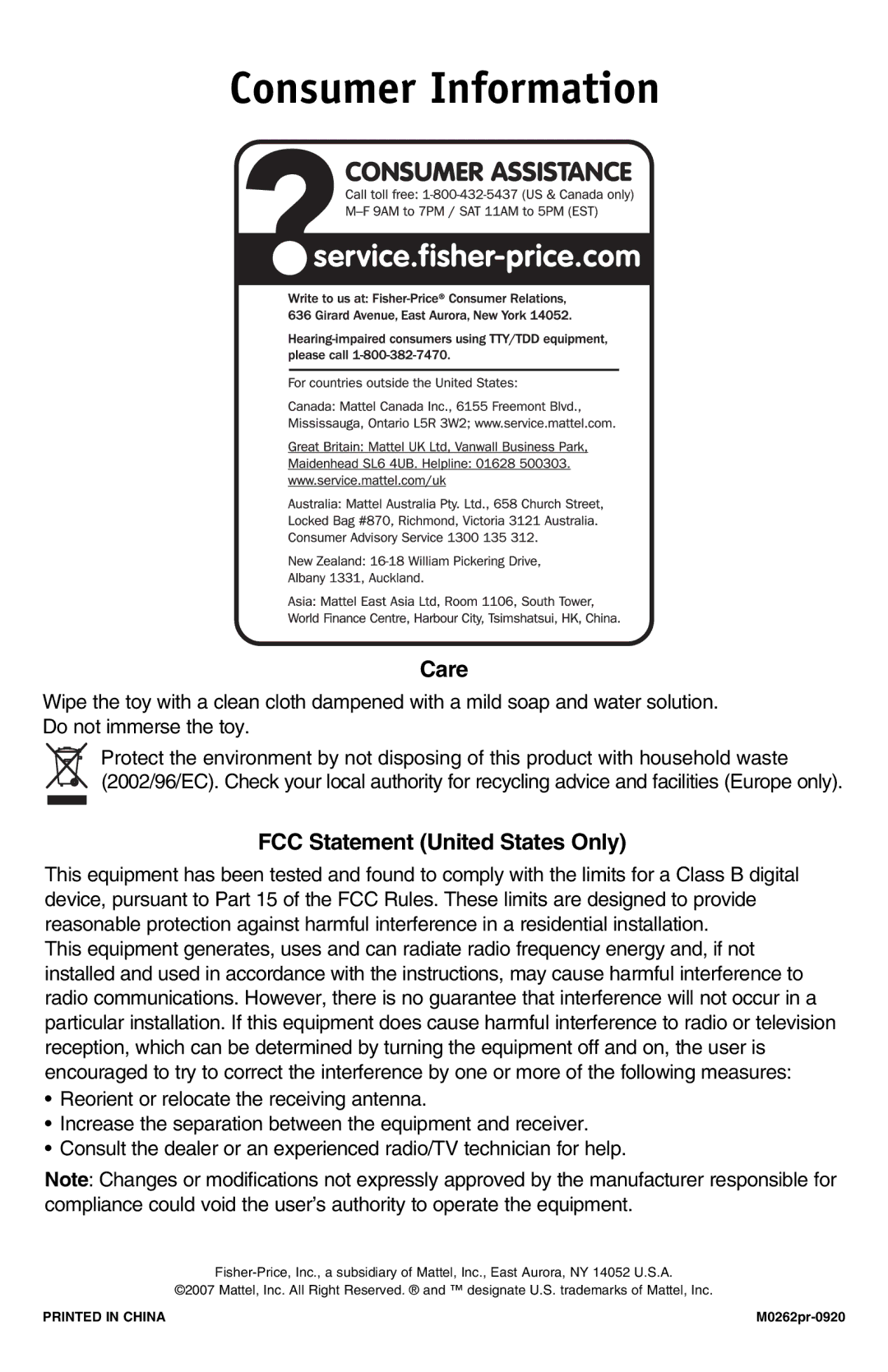 Fisher-Price M0262 instruction sheet Consumer Information, Care 