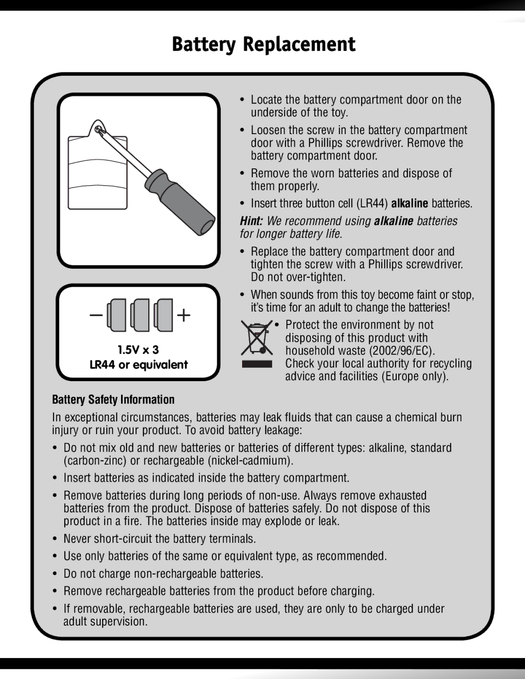 Fisher-Price M0265, M0267, M0266 manual Battery Replacement, 5V x LR44 or equivalent Battery Safety Information 