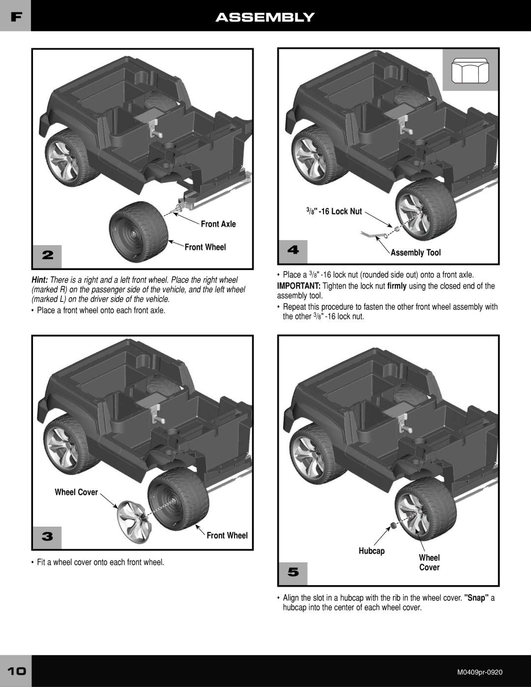 Fisher-Price M0409 owner manual Fassembly, Front Axle Front Wheel, Lock Nut, Wheel Cover, Hubcap 