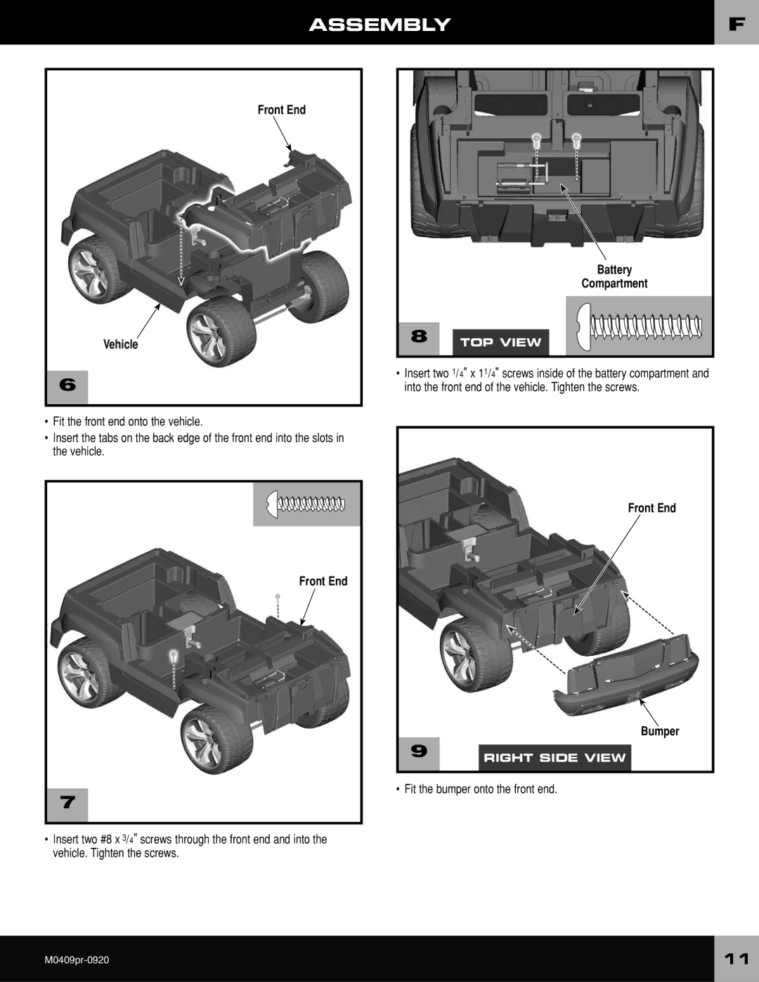 Fisher-Price M0409 owner manual Assemblyf, Front End Vehicle, Front End Bumper 