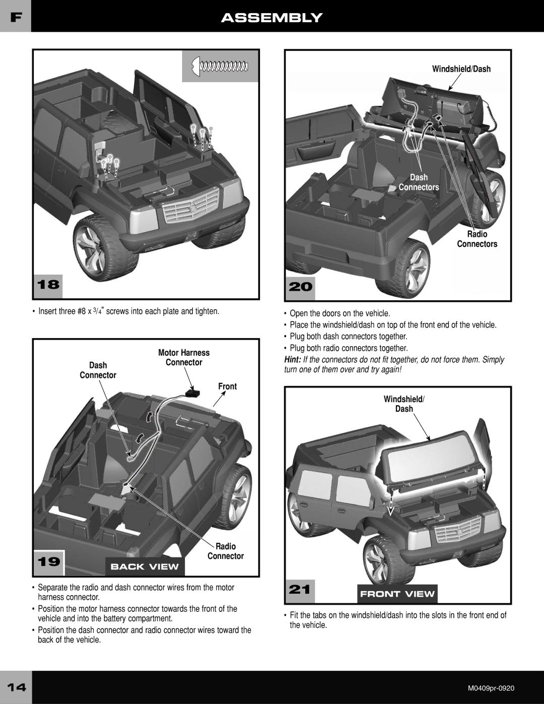 Fisher-Price M0409 owner manual Motor Harness DashConnector Front, Radio Connectors, Windshield Dash 