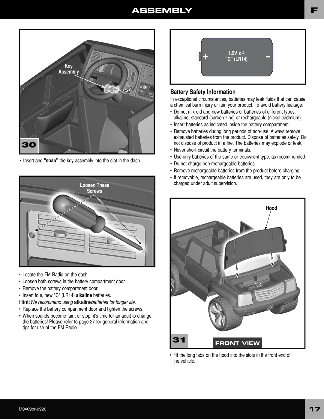 Fisher-Price M0409 owner manual Battery Safety Information 