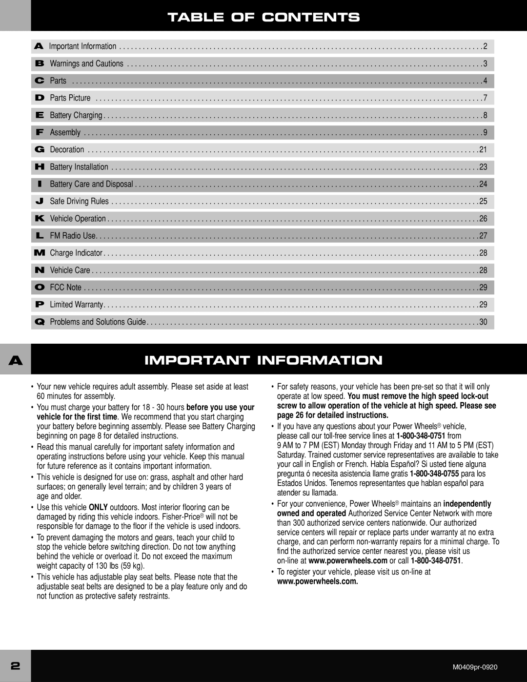 Fisher-Price M0409 owner manual Atableofofcontents, Important Information 