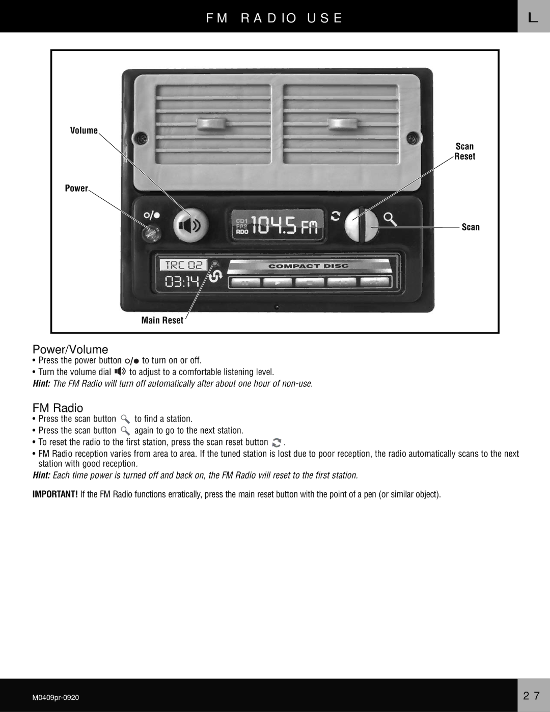 Fisher-Price M0409 owner manual FM Radio USE, Power/Volume 