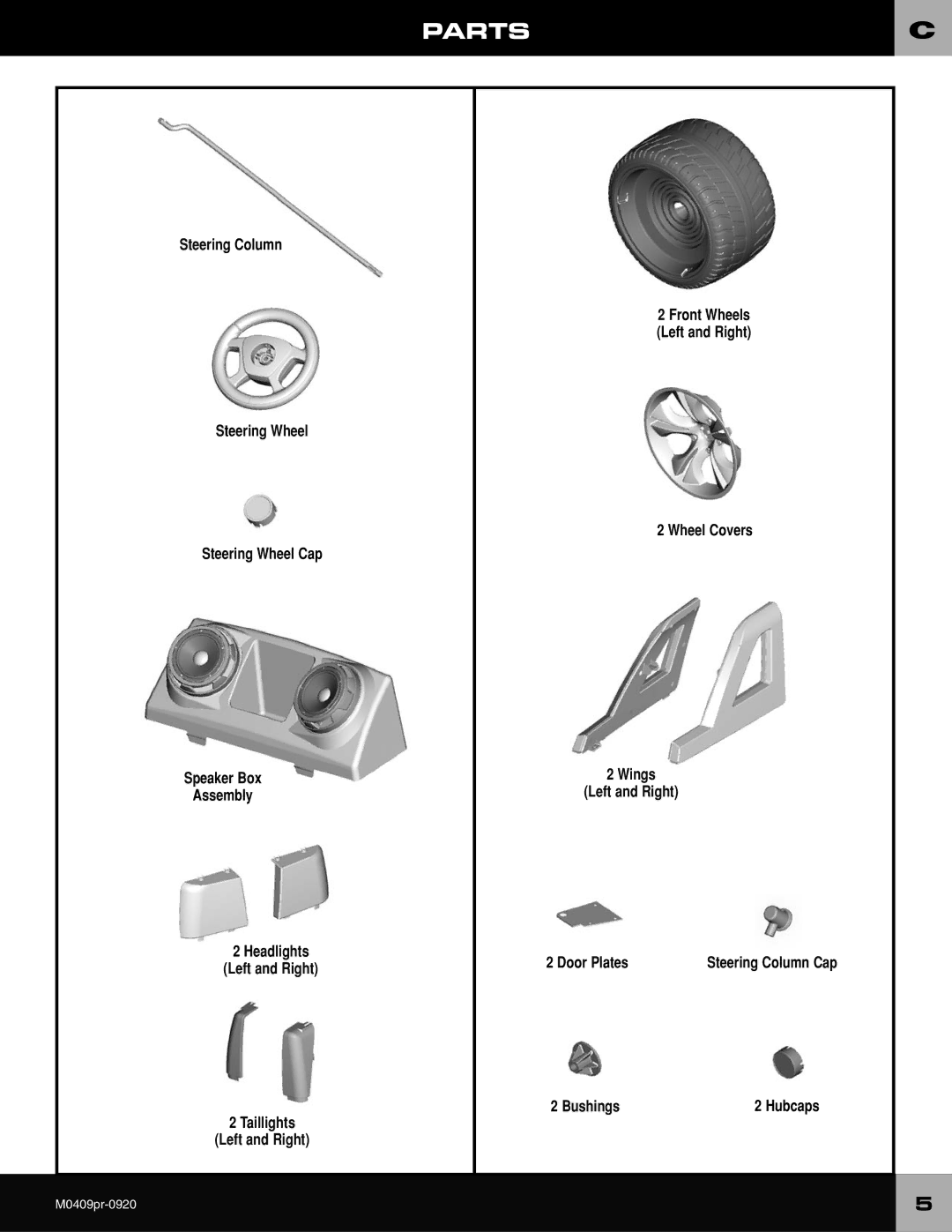 Fisher-Price M0409 owner manual Front Wheels Left and Right Wheel Covers Wings Door Plates, Bushings 