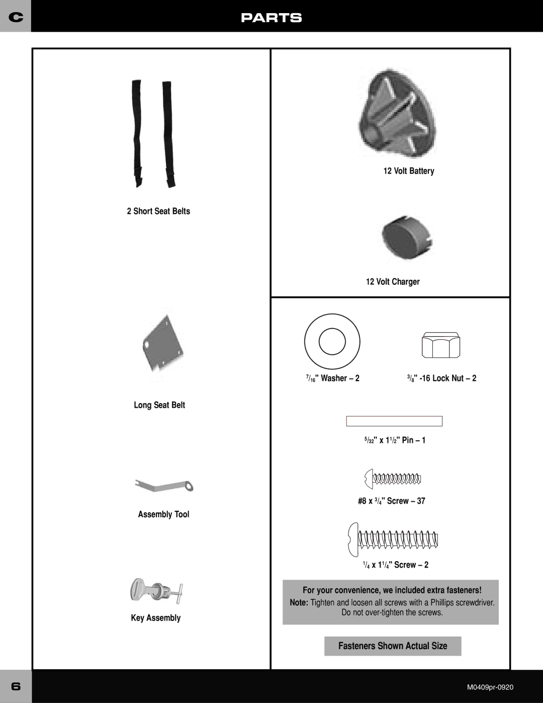 Fisher-Price M0409 owner manual Fasteners Shown Actual Size 